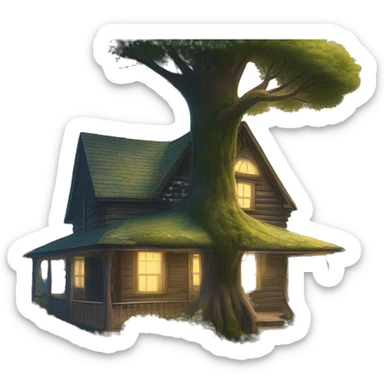  very very big Cabin near a big tree.  Thick moss growing on the roofs. grass fields. porch lights turned off. bright white interior lights turned on. guests sitting in chairs on the porch, flowers and bushes are yellow and blue. sticker