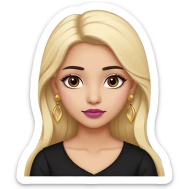Sweet Indian girl blond long hair darkbrow  eyes brown/pink lipstick blush, black top gold earrings brown eyebrows  sticker