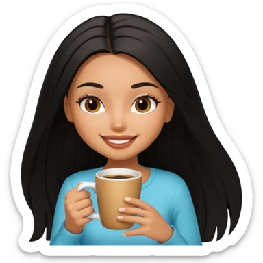 a pretty tan bratz girl with black long straight hair smiling and drinking coffee sticker