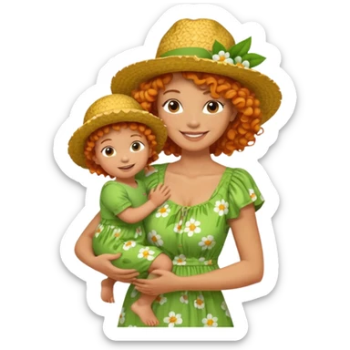 A cheerful orange curly hair mom in a straw hat carrying her child, wearing a green flowery dress sticker