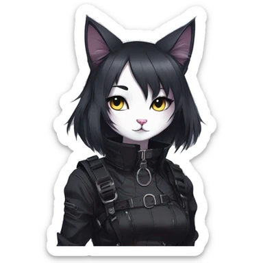 Gorgeous gothic dark techwear anime style anthro cat with blushing face aesthetic and pretty edgy black with collar and harness trending style sticker