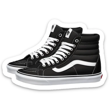 Two black Vans Sk8-Hi high top sneakers positioned in a staggered arrangement with one behind the other, classic black with white sidewall stripe, white laces and rubber toe cap sticker