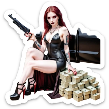 Lilith symbol red eye seductress evil long brown haired sexy succubus woman with leather long dress with slit, sitting in Big Large F350 pickup truck. Black Platform high heels on feet. Tattoo sleeve arms, seat full of stacks of cash, and a man dead human skull of her enemies and a gun in other hand sticker