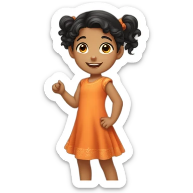 smiling and pointing 3 years old indian girl with black curly hair in pigtails wearing a orange dress sticker