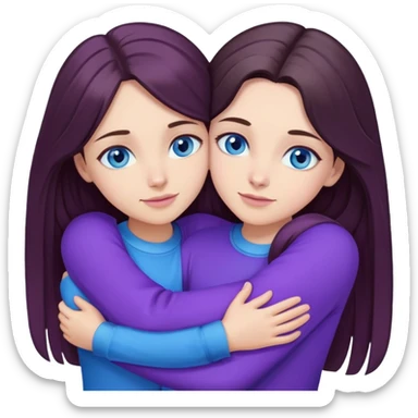 long brunette hair girls with blue eyes hugging eachother in purple and blue clothes sticker