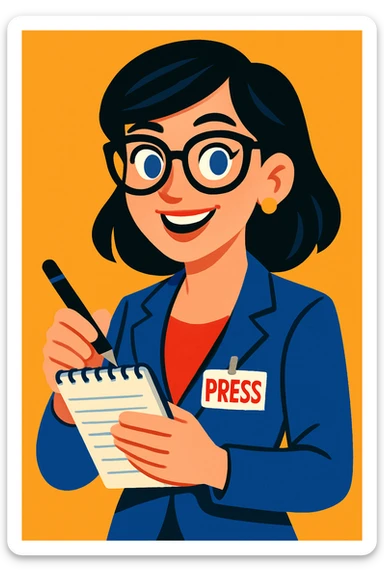 professional female journalist with black hair, blue eyes, and glasses, holding a notepad and pen, ready to conduct an interview, vibrant toon style sticker