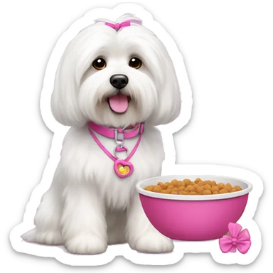 Long haired Coton de Tulear dog with pink harness and pink hair bow, pink dog bowl with kibbles, her name is Zoey sticker