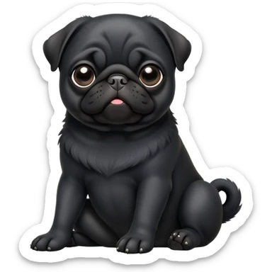 cinematic-[black pug]-realistic-full-body-sitting-emoji,-tail-resting-loosely-beside-its-paws,-head-tilted-dramatically, -sleek-[black]-fur,-simplified-yet-realistic-focused-features,-highly-detailed,-glowing-with-an-almost-sarcastic-glow sticker