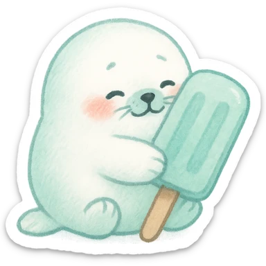 a tiny refrigerator soft fluffy seal hugging a popsicle, blushing, soft mint tones, full-body sticker