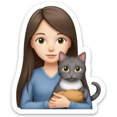 a white girl with brunette long straight hair holding a grey cat. sticker