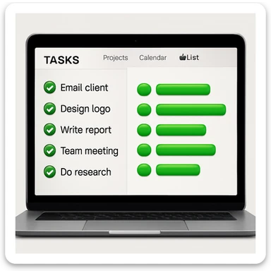 Make the bar charts on the MacBook's task management app screen green in the style of apple style emojis sticker