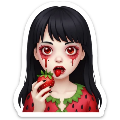 Girly girl, zombie, black hair, bang, cabelo longo e um comendo um morango sticker