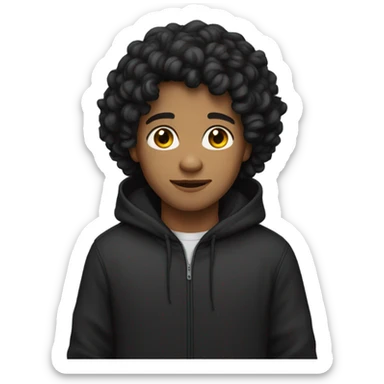 a young male with medium skin and curly black hair, wearing a black hoodie sticker
