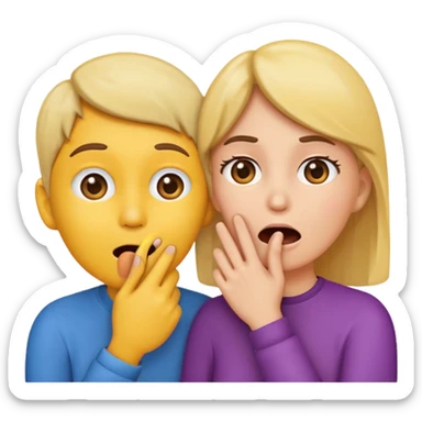 Emoji of two people, one whispering into the other’s ear with a hand covering their mouth. Surprised reaction. Simple emoji style, flat design, bright colors, thick outlines. sticker