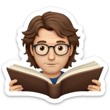 man in his forties with tousled wavy hair, no glasses, reading a book sticker