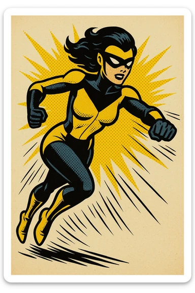 superheroine costume, yellow and black, futuristic design, visor mask, streamlined suit, energetic pose sticker