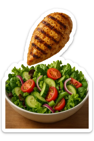 INSALATA CON PETTO DI POLLO GRIGLIATO CHE CADE DALL'ALTO, IPERREALISTICO 4K sticker