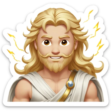 Cinematic Realistic Thor Portrait, head tilted dramatically with an exaggeratedly amused expression, featuring lively, twinkling eyes and a subtle, roguish grin. His fair, radiant skin and long, wavy golden hair, rendered with classical precision, complement his draped white toga adorned with delicate golden details and mythic lightning hints, all brought to life with dynamic lighting that captures both his divine power and playful, approachable charm. sticker