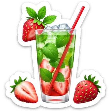 A 3D cartoon glass of strawberry mojito with mint leaves, ice cubes, and sliced strawberries, condensation on glass, bright lighting, Memoji-style realism. sticker