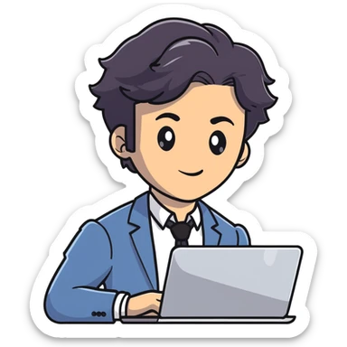 Business strategist man with black wavy hair, stubble, chiseled face, wearing blazer and button-up shirt, holding laptop, confident expression sticker