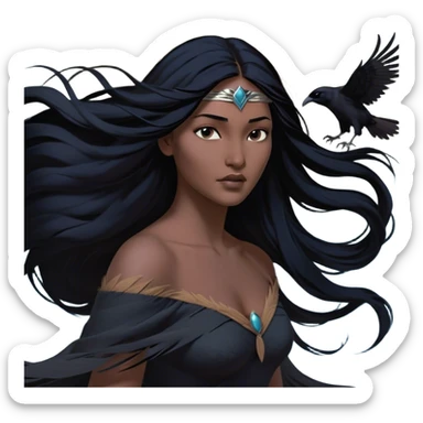 Cinematic Realistic Pocahontas Portrait, depicted with lifelike skin texture, soft natural lighting, and intricately detailed long, flowing raven-black hair that moves gracefully in the wind. Her deep, soulful dark brown eyes exude wisdom and strength, complemented by a serene yet powerful expression. She is shown gently holding a feather in one hand, her other hand resting lightly at her side, embodying the harmonious balance between nature and herself. She is dressed in her classic one-shoulder native American dress, with rich fabric textures and delicate beaded details that catch the light beautifully. The portrait features a soft, sun-kissed glow with a natural, radiant finish, capturing the essence of untamed beauty and deep connection to nature in a realistic and painterly style, evoking a sense of depth and authenticity. sticker