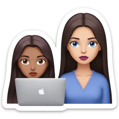 Glamours tanned very beautiful girl with pump mauve lips and dark chocolate straight smooth long hair, blue-grey eyes with MacBook sticker