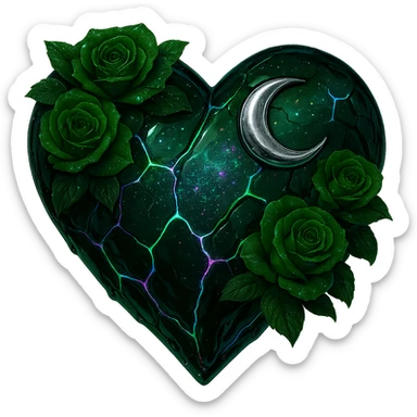 Edit the gothic heart to have cracked deep green glass, silver crescent moon, green roses, shimmering holographic stardust, neon lightning accents, and a glossy wet appearance. Keep the background transparent. The style should maintain the gothic heart's original look with a transparent background. sticker