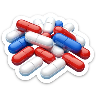 A close-up of mixed pills and capsules, red, white, and blue colors, clean background, light reflections on surface, realistic Memoji-style. sticker