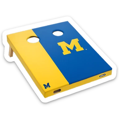 Cornhole board blue and yellow with Michigan “M” With a yellow cornhole bag sticker