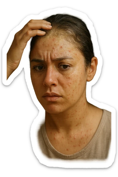 A highly realistic, cinematic close-up portrait of a young woman in her late 20s with medium skin tone, displaying visible folliculitis and seborrheic dermatitis. Small, red, inflamed follicular papules and pustules are scattered along her hairline, jawline, and upper neck, indicating folliculitis. Her scalp and areas around the nose and eyebrows show flaky, greasy yellowish scales, with redness and irritation, indicating seborrheic dermatitis. Her hair appears slightly greasy and clumps near the scalp, emphasizing excess sebum production. She gently touches her irritated scalp with concern while looking at herself in a softly lit bathroom mirror, expressing discomfort and frustration. The environment is neutral and clean, with daylight softly illuminating the scene to highlight the skin and scalp texture. The style is 35mm hyperrealistic, with warm neutral tones and shallow depth of field to maintain focus on her skin, inflammation, and emotional expression, visually explaining the physical discomfort and aesthetic concerns of living with folliculitis and seborrheic dermatitis sticker