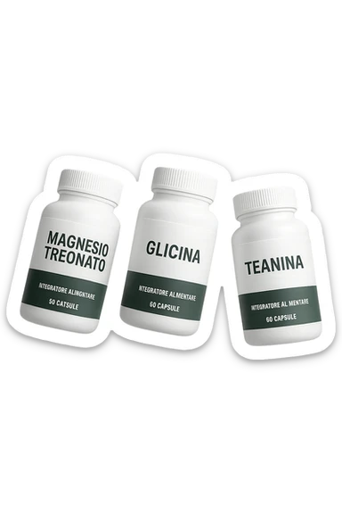 3 boccette di integratori: Magnesio Treonato, glicina, teanina, fluttuano in aria sticker