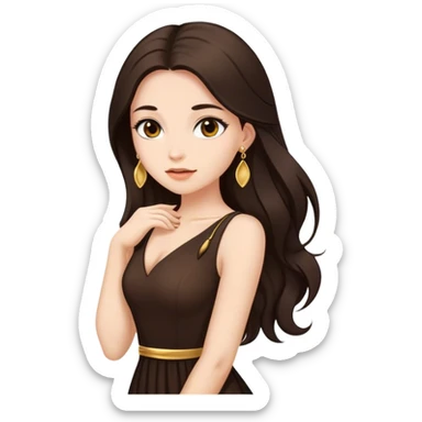 Beautiful woman,cute, long dark brown hair in dark dress with gold earrings sticker