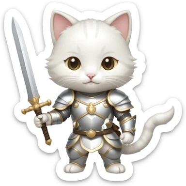 baby chibi white cat in silver armor, full body, smile, hold a sword sticker