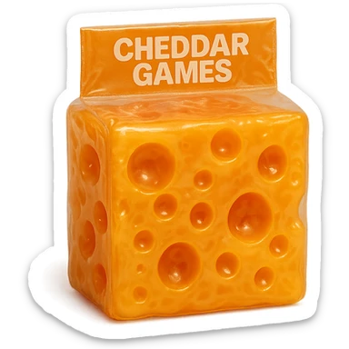 A hyper-detailed, transparent orange cheddar block with Swiss cheese holes, soft plastic texture, soft reflections, and a slightly cloudy, squishy look, like a 90's toy or gummy. The block is sealed in plastic with 'Cheddar Games' on the seal, no background, hyper-realistic, and retro. sticker