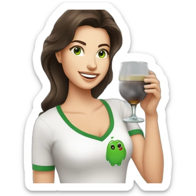 brunette woman holding fernet branca glass smiling green eyes big white t-shirt sticker