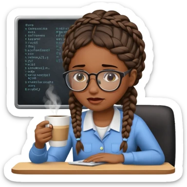 Make a black female software engineer with glasses  and braids coding, crying and drinking coffee sticker