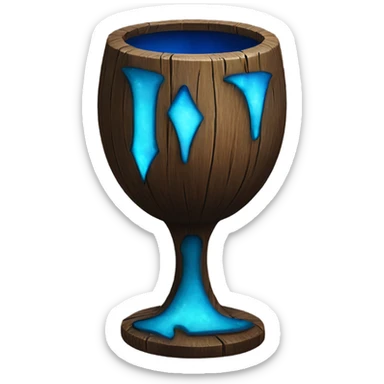 A magical goblet, large and imposing, made of aged wood with a smooth surface. It emits a bright blue glow, with magical flames dancing inside, symbolizing its power and mystery. sticker