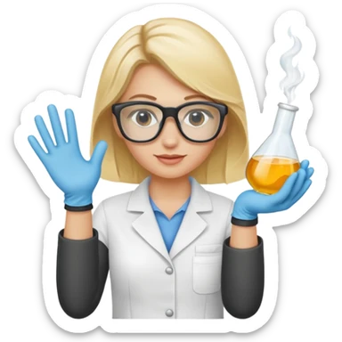Eine hellblonde Chemikerin mit Kittel, Handschuhen großer Labor-Sicherheitsbrille und typischem Erlmeyerkolben in der Hand sticker