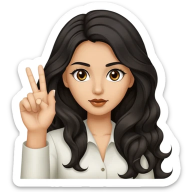 woman with olive skin, brown eyes and long lashes, and long black wavy hair holding up one hand and showing her one middle finger sticker