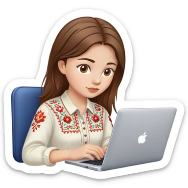 A Ukrainian girl with brown hair in an embroidered shirt works at her laptop sticker
