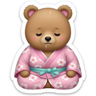 A cute chubby light-brown bear wearing a pastel pink sakura-patterned kimono, standard body and small round head, adorable simple face, sleepy half-closed eyes, small blush on cheeks, sitting while dozing off, tiny “zzz” floating above the head sticker