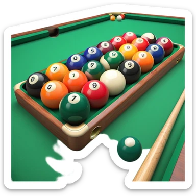 A close-up of a pool cue aimed at a set of colorful billiard balls resting on a green felt table. The focus is on the cue stick and the arrangement of balls, with subtle details of the game’s texture and atmosphere, emphasizing the precision and skill of billiards. sticker