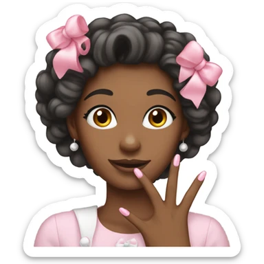 Woman who shows her nails who are pink with White bows  sticker