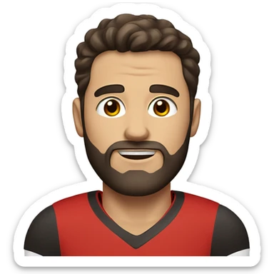 White guy with short dark hair, Brown eyes and a beard Wearing a red jersey  sticker