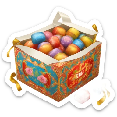 Traditional russian new year sweet gift box with handles with russian candies in wrappers for kids sticker