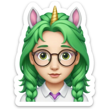 braided unicorn wiith big visible braids looking into the camera spectacled green hair sticker