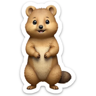cinematic-quokka-realistic-full-body-standing-emoji,-small-round-frame-balanced-on-tiny-strong-hind-legs,-fluffy-brown-fur-radiating-a-warm-softness,-big-round-eyes-filled-with-joy-and-innocence,-tiny-clawed-paws-held-close-to-chest,-cheerful-smile-exuding-endearing-happiness,-simplified-yet-realistic-focused-features,-highly-detailed,-glowing-with-a-sunny-warmth sticker
