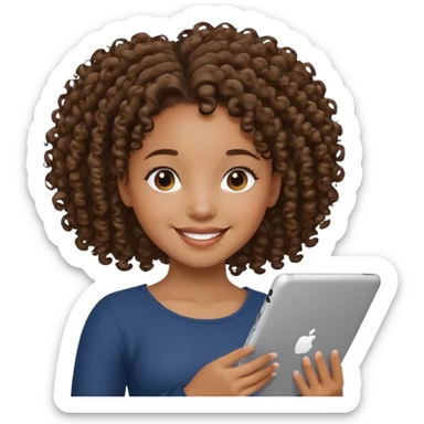 Black girl with curly ponytail holding ipad sticker