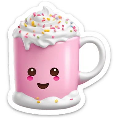 Glossy pink mug of hot chocolate with whipped cream and sprinkles sticker