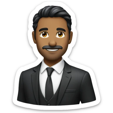 create a gentleman who looks sharp like a CEO with a black suit, sharp facial features, black hair, black eyes, indian face, good skin tone, with stubble beard and sharp nose and eyes sticker